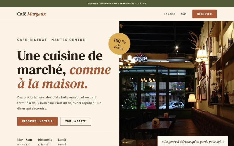 Exemple de landing page pour Café Margaux, un café-bistrot au style chaleureux terracotta
